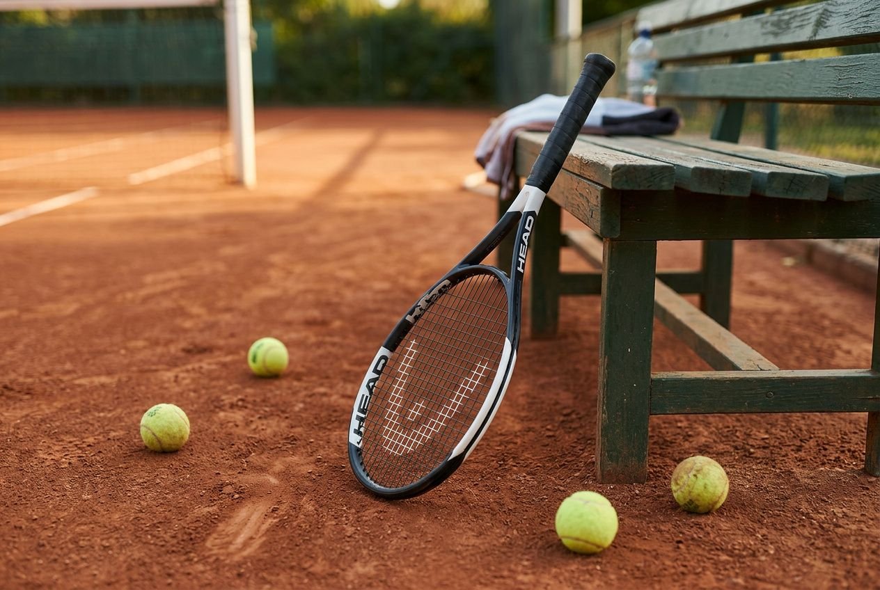 Racchetta da tennis appoggiata su una panchina in campo in terra rossa con palline da tennis.