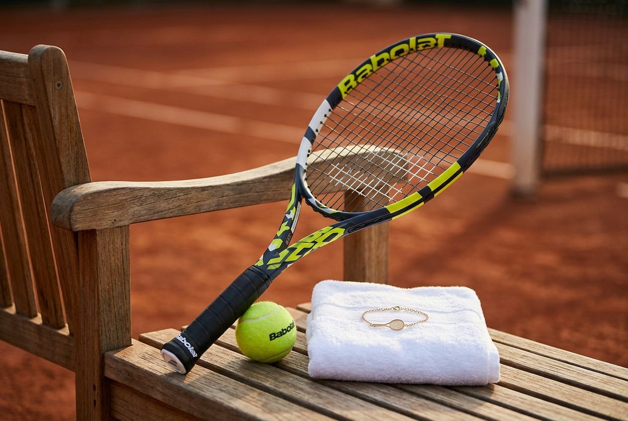 Racchetta da tennis Babolat appoggiata su una panchina a bordo campo.