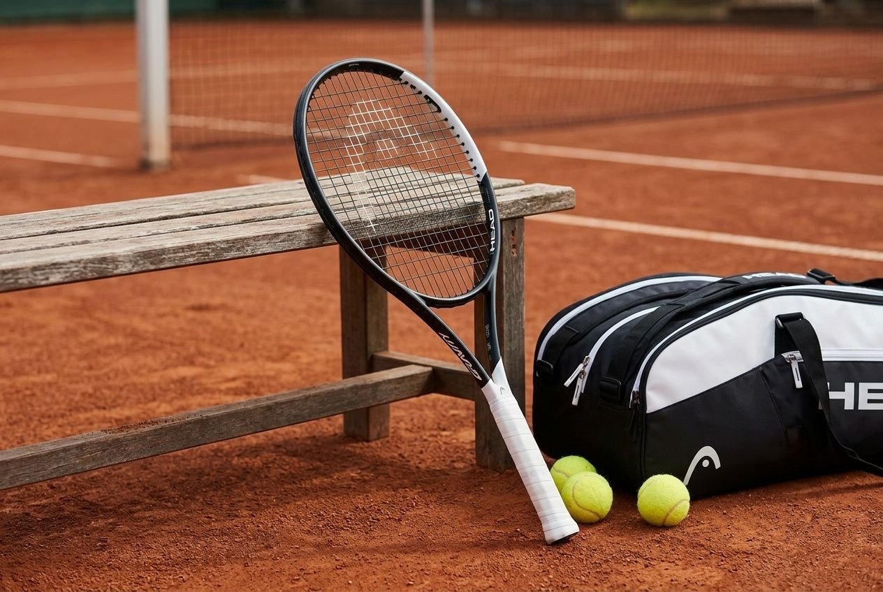Racchetta da tennis nera e bianca appoggiate a una panchina su un campo in terra rossa.