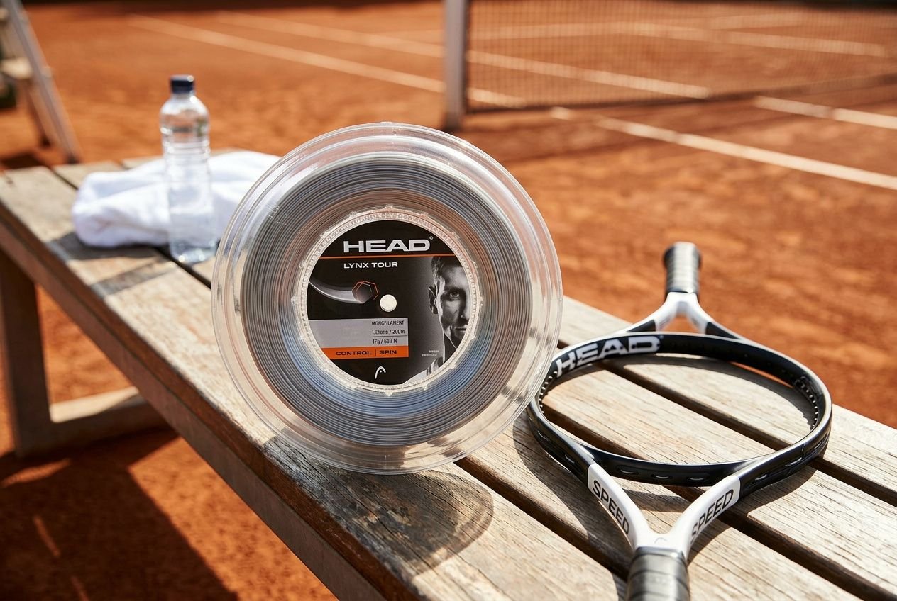 Rocchetto di corda HEAD Lynx Tour su una panchina da tennis accanto a una racchetta non incordata.