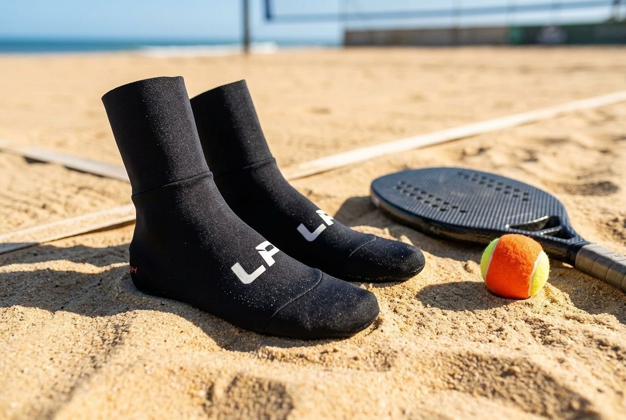 Scarpe beach tennis nere a maglia alta sul bagnasble sand, con racchetta, pallina e linea di campo sullo sfondo.