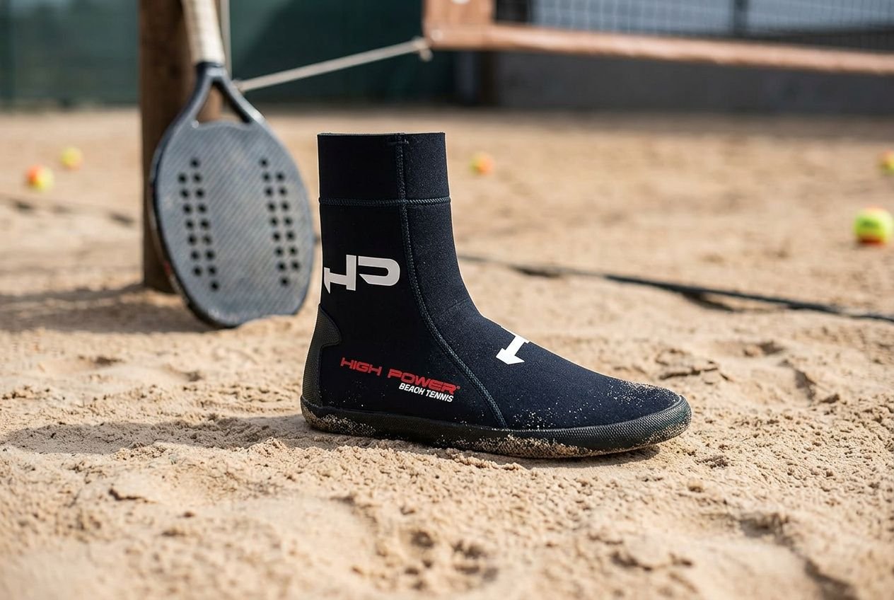 Stivale antiscivolo da beach tennis su sabbia, scarpone a caviglia alta con logo bianco e scritte rosse, attrezzi da spiaggia sullo sfondo. come vestirsi per il beach tennis