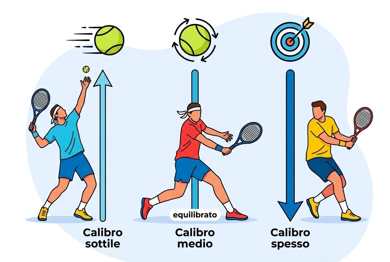 Tre tennisti mostrano differenze di calibro corde tennis: sottile (calibro sottile), medio (equilibrato) e spesso (calibro spesso), con palline e bersagli.